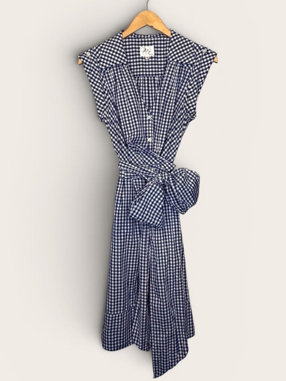 Milly 100% Cotton Gingham Tie Wrap Waist Gingham Button-Front Dress Women’s M
